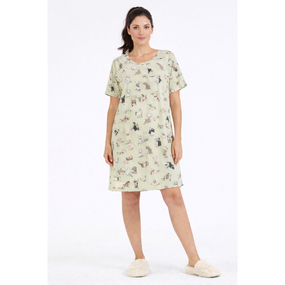 SLEEP SENSE Sports Dogs Print Nightshirt Sleepshirt Tee Green Cute Funny Sz L